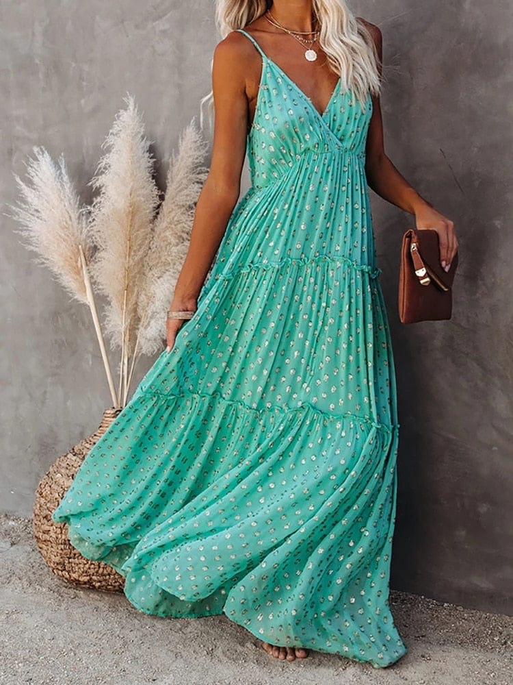 Women's Evi Green Maxi Dress With V-Neck and Summery Ibiza Print