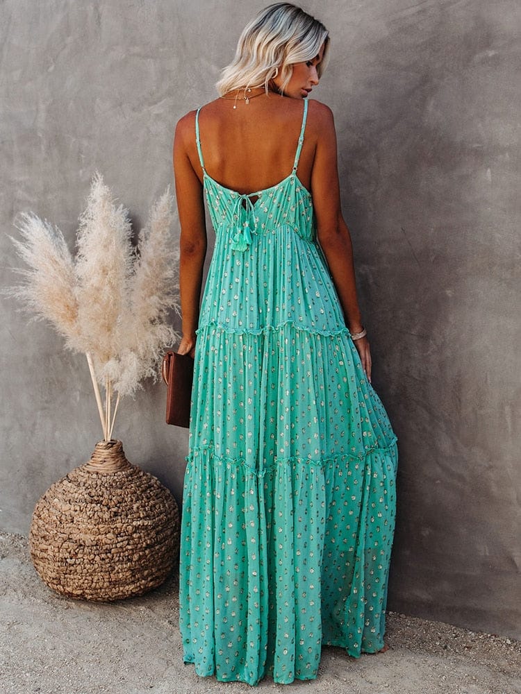 Women's Evi Green Maxi Dress With V-Neck and Summery Ibiza Print