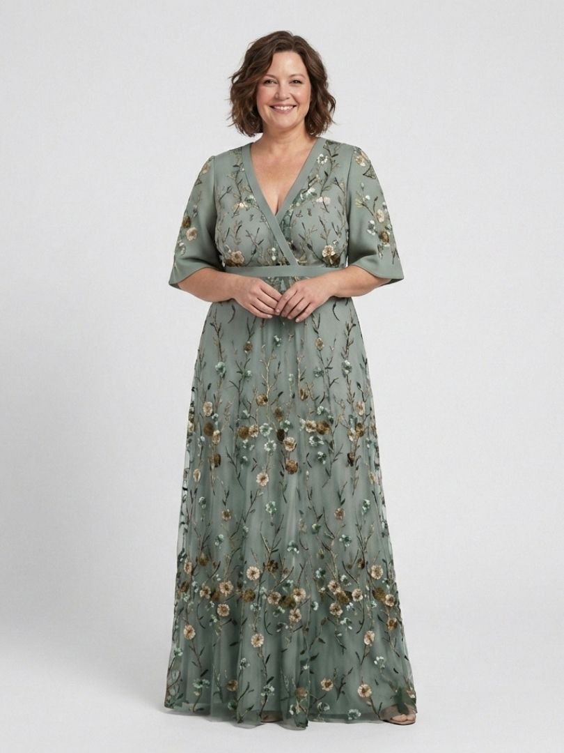 Evadne | Women's Floral Embroidered V Neck Maxi Dress