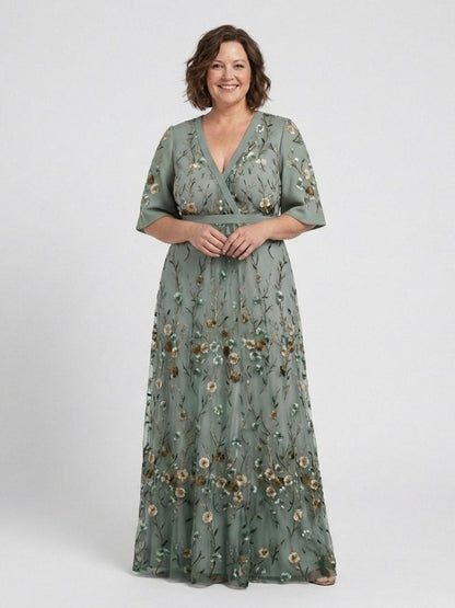 Evadne | Women's Floral Embroidered V Neck Maxi Dress
