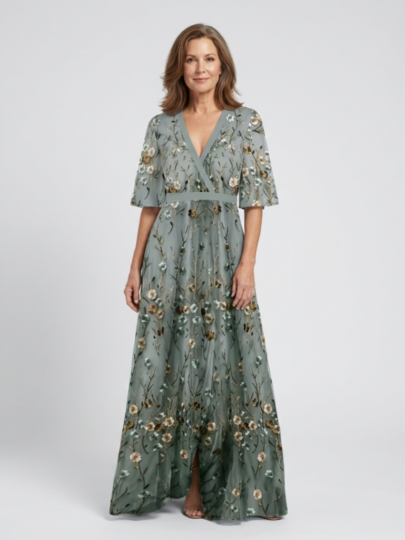 Evadne | Women's Floral Embroidered V Neck Maxi Dress
