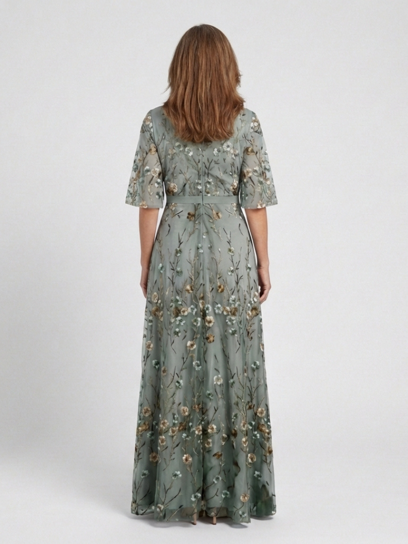 Evadne | Women's Floral Embroidered V Neck Maxi Dress