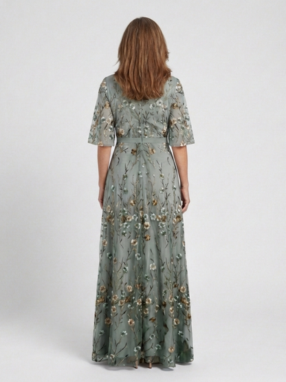 Evadne | Women's Floral Embroidered V Neck Maxi Dress