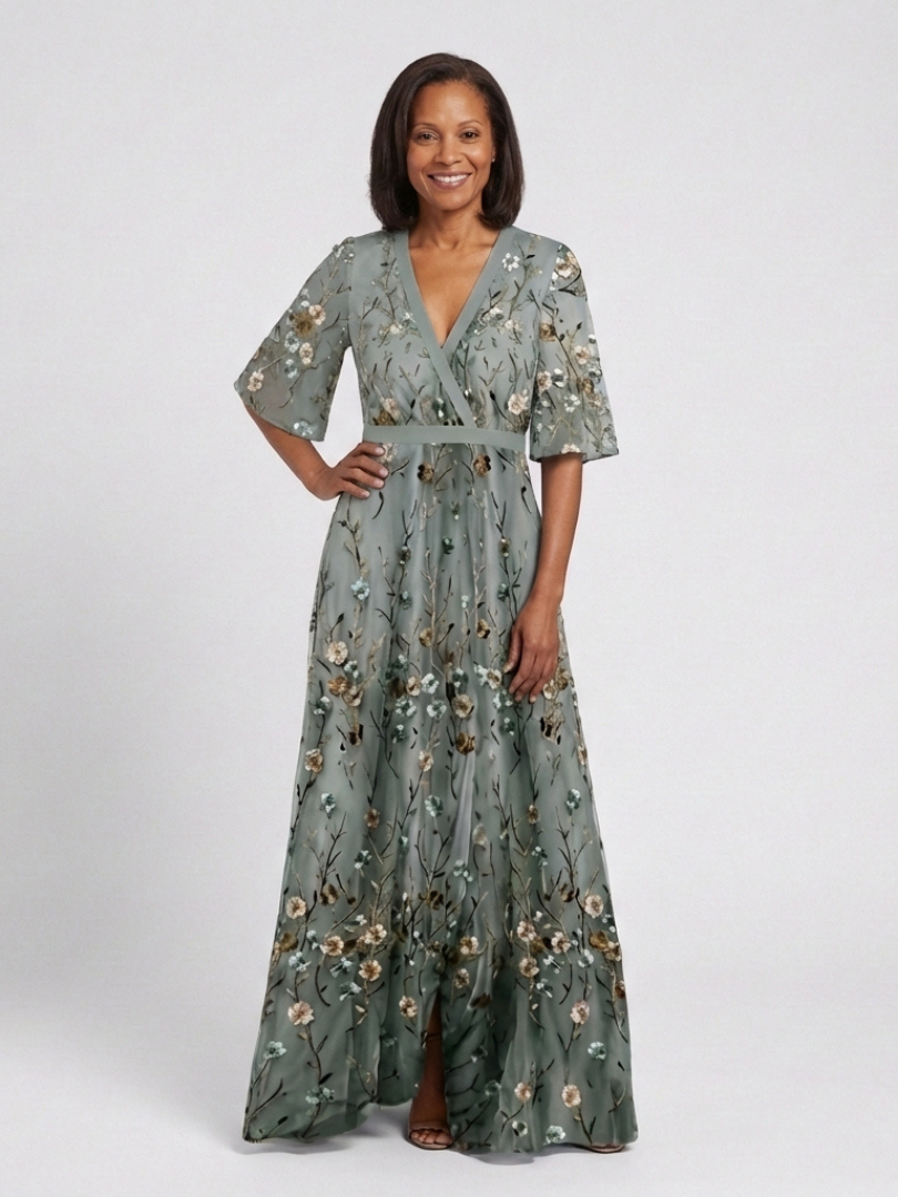 Evadne | Women's Floral Embroidered V Neck Maxi Dress
