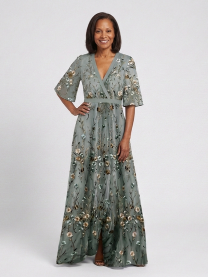 Evadne | Women's Floral Embroidered V Neck Maxi Dress