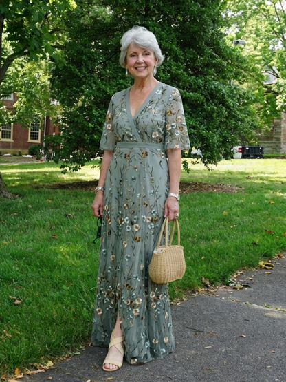 Evadne | Women's Floral Embroidered V Neck Maxi Dress