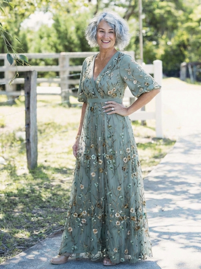 Evadne | Women's Floral Embroidered V Neck Maxi Dress