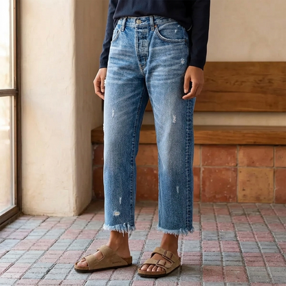 Vivara | Women's Vintage-Inspired Cropped Straight Leg Jeans with Fringe
