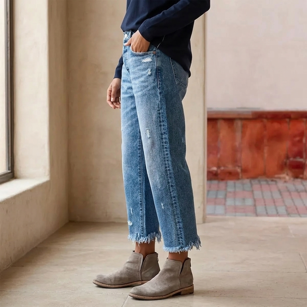 Vivara | Women's Vintage-Inspired Cropped Straight Leg Jeans with Fringe