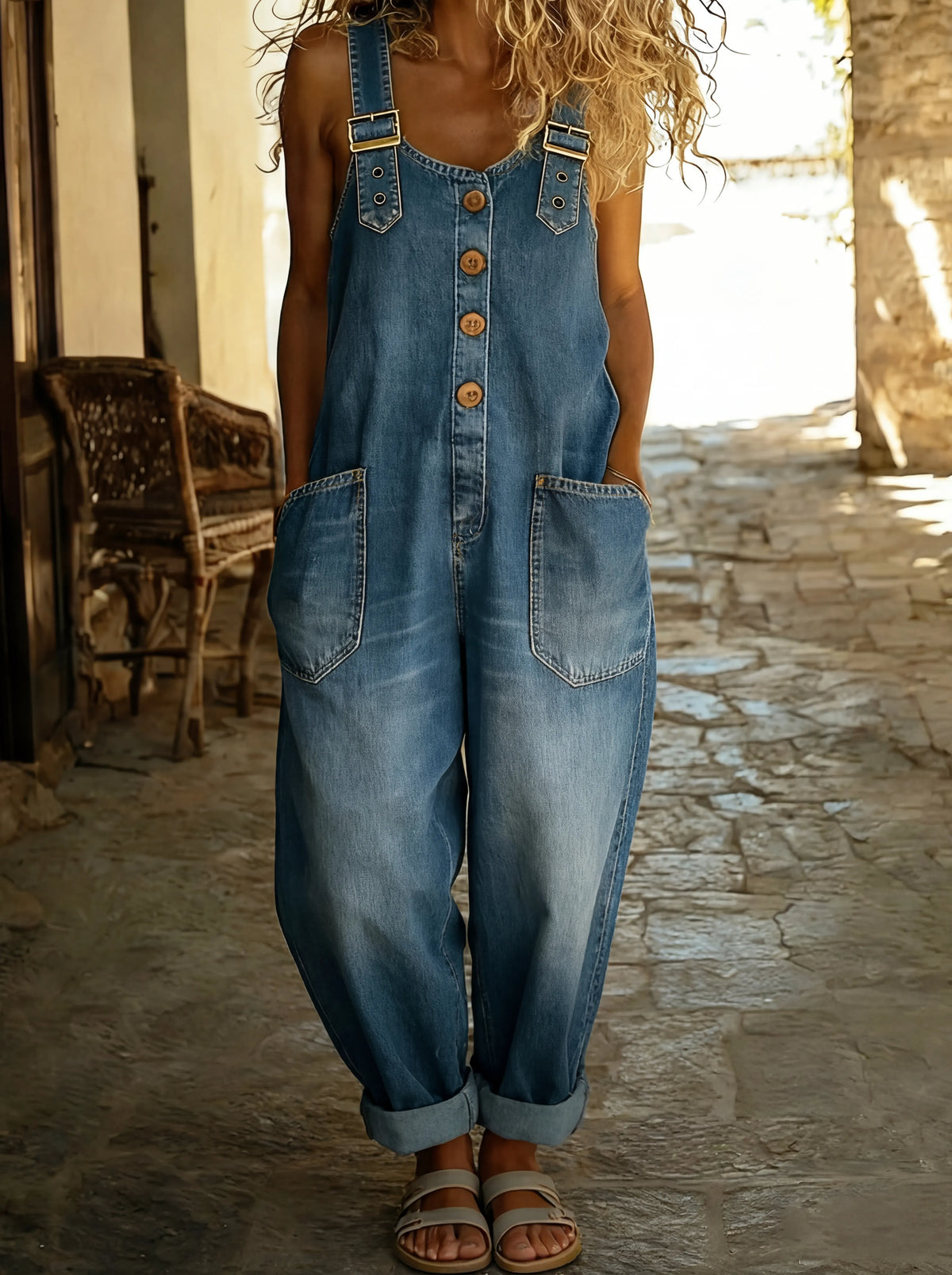 Rocio | Women's Versatile Adjustable Buckle Denim Jumpsuit with Pockets