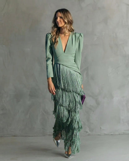 Clara | Women's Chic Midi Dress Featuring Fringe Sleeves