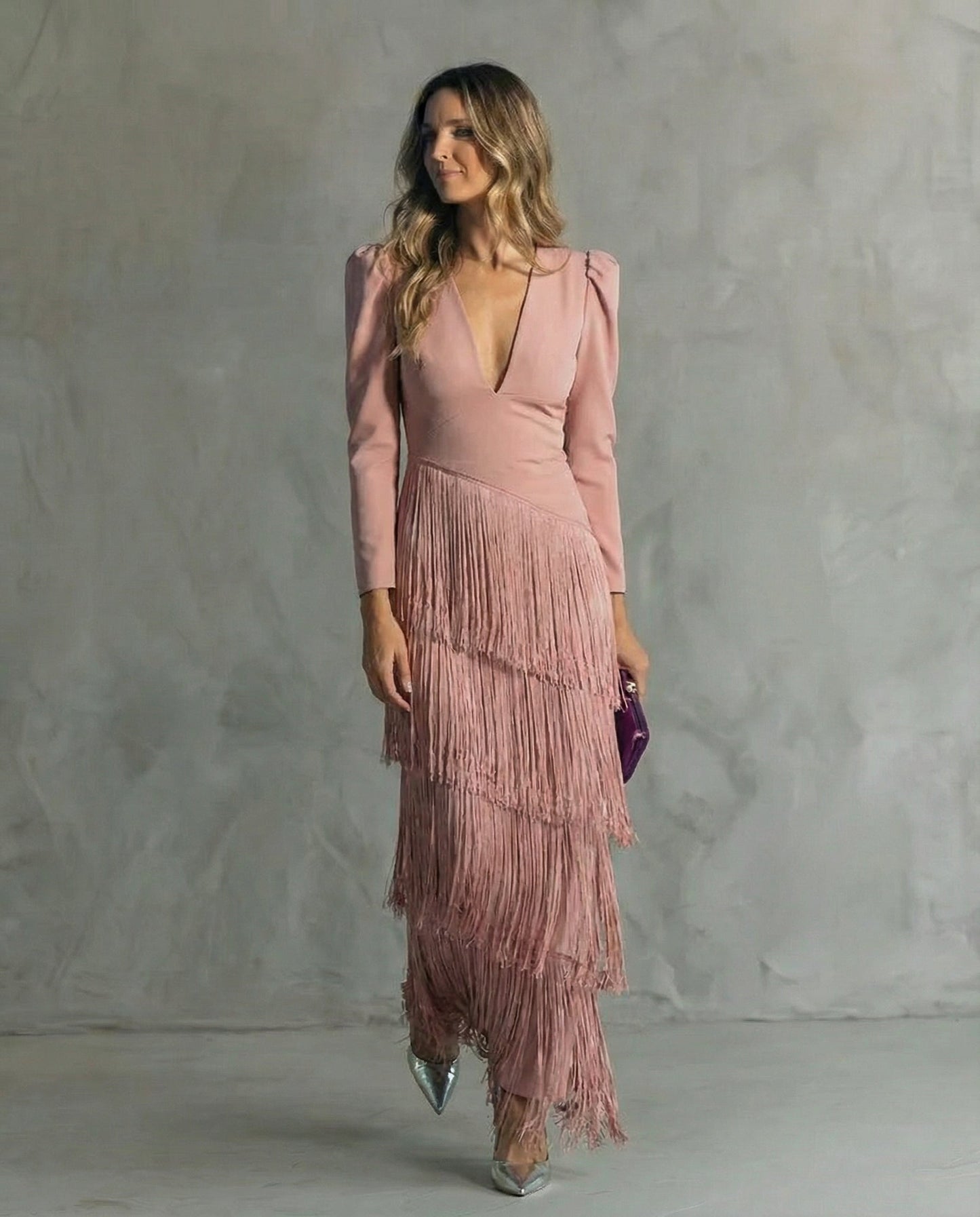 Clara | Women's Chic Midi Dress Featuring Fringe Sleeves