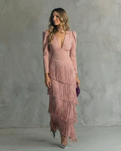 Clara | Women's Chic Midi Dress Featuring Fringe Sleeves