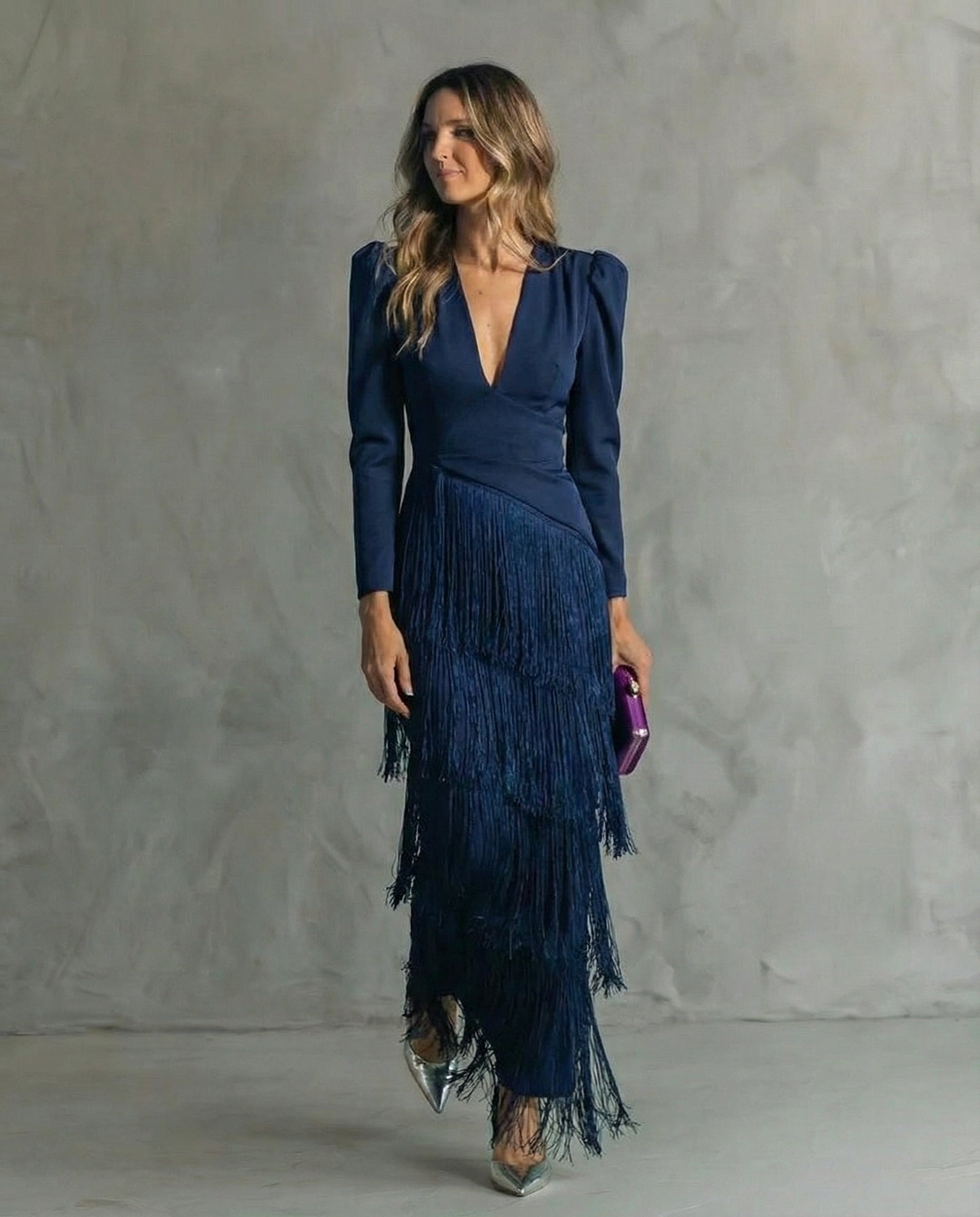 Clara | Women's Chic Midi Dress Featuring Fringe Sleeves