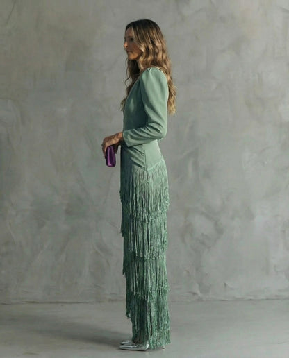 Clara | Women's Chic Midi Dress Featuring Fringe Sleeves