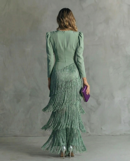 Clara | Women's Chic Midi Dress Featuring Fringe Sleeves