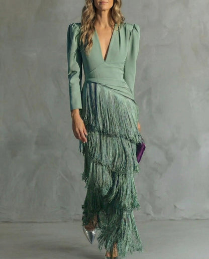 Clara | Women's Chic Midi Dress Featuring Fringe Sleeves