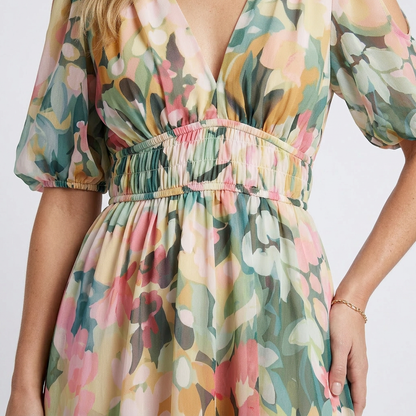 Eulalie | Women's Relaxed V Neck Short Sleeve Gathered Waist Midi Dress