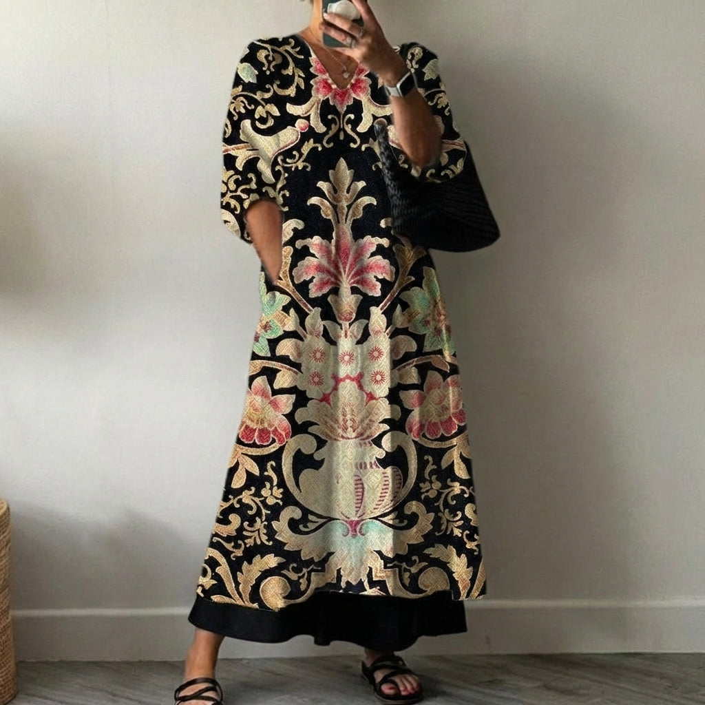 Women's Elegant Maxi Dress with Evi Print and Fringe