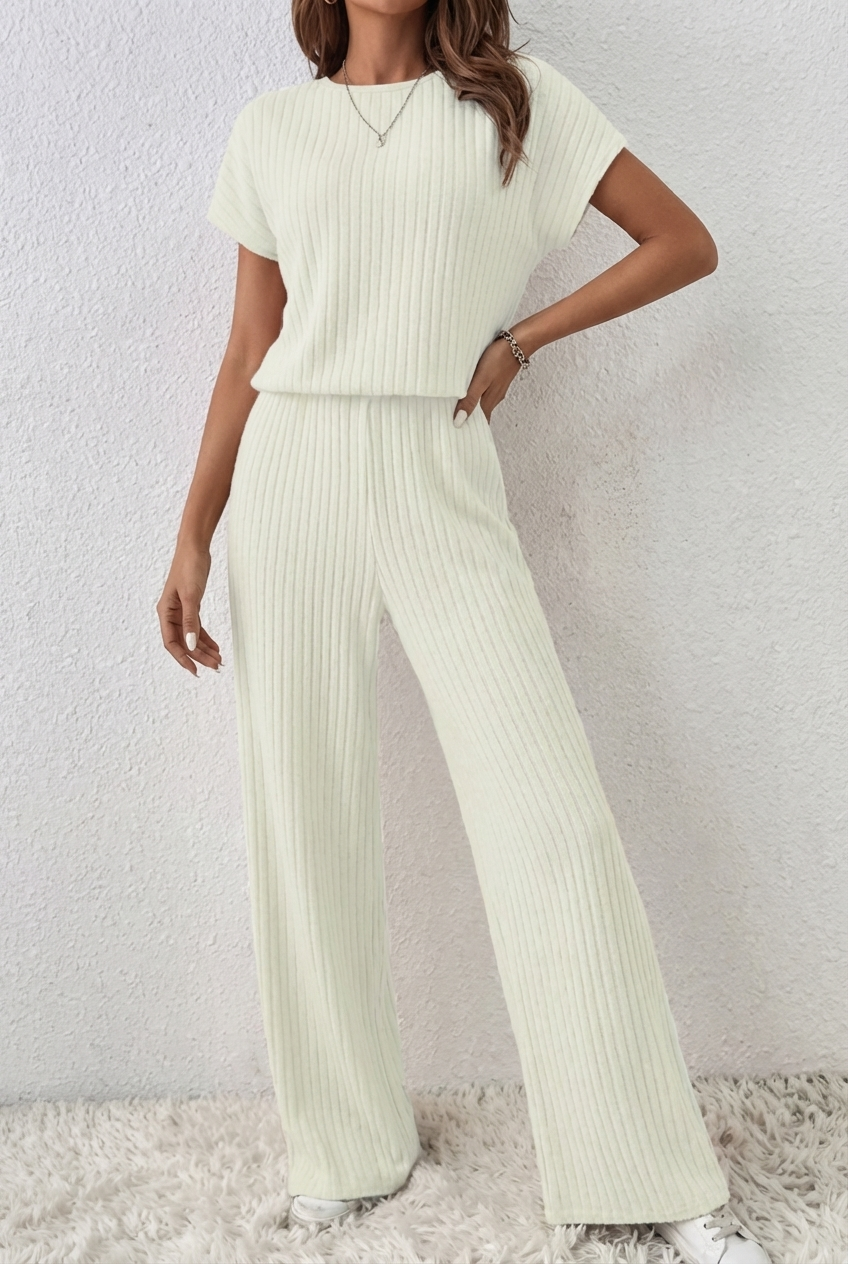 Women's ElevenOra Stylish Cream White Zipper-Up Stand Collar Oversized Short-Sleeve Jumper & Wide-Leg Trousers, Ribbed Two-Piece Ensemble