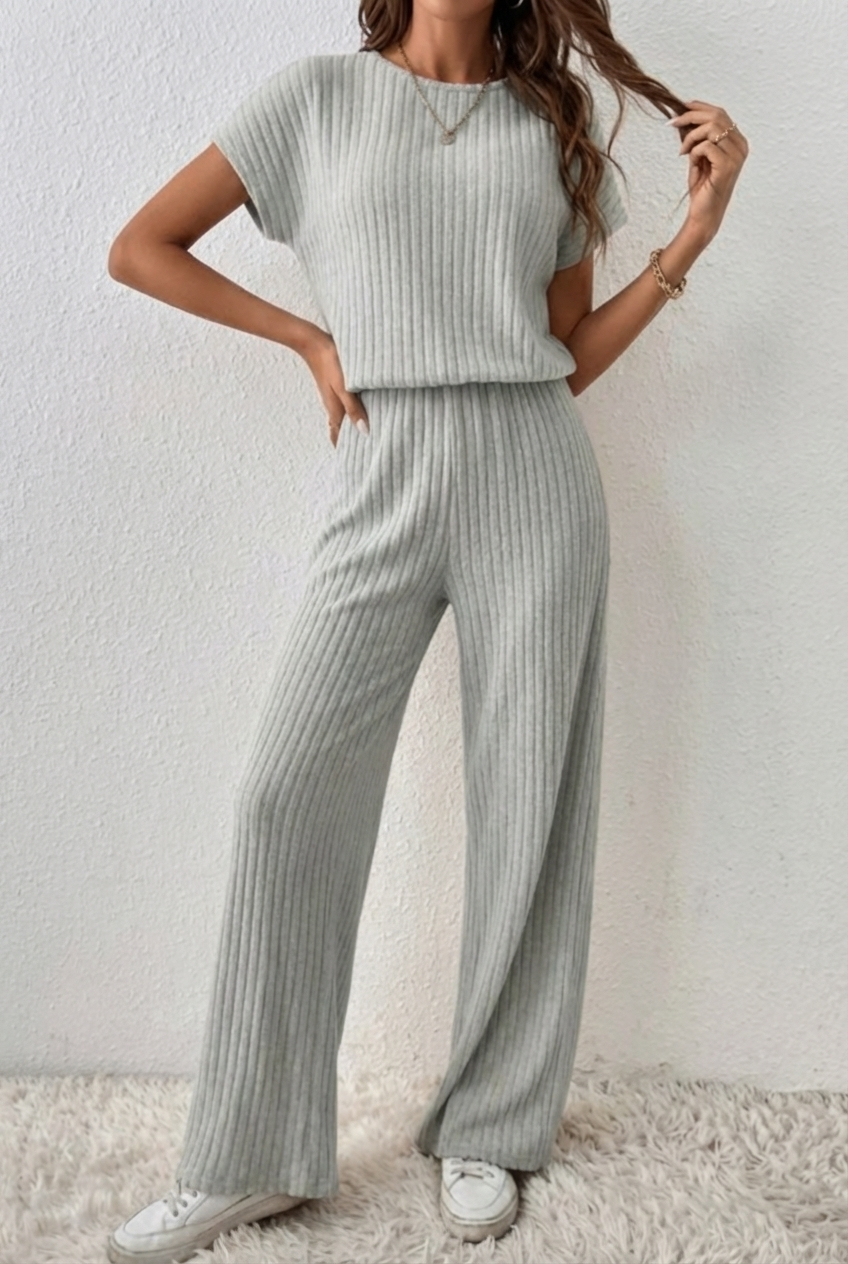 Women's ElevenOra Stylish Cream White Zipper-Up Stand Collar Oversized Short-Sleeve Jumper & Wide-Leg Trousers, Ribbed Two-Piece Ensemble
