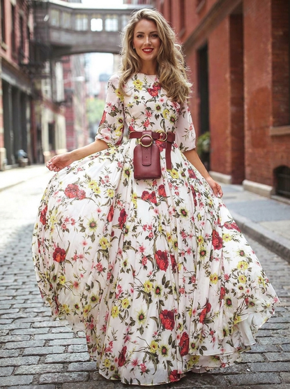 Odelia | Women's Round Neck Three Quarter Sleeve Belted Maxi Dress