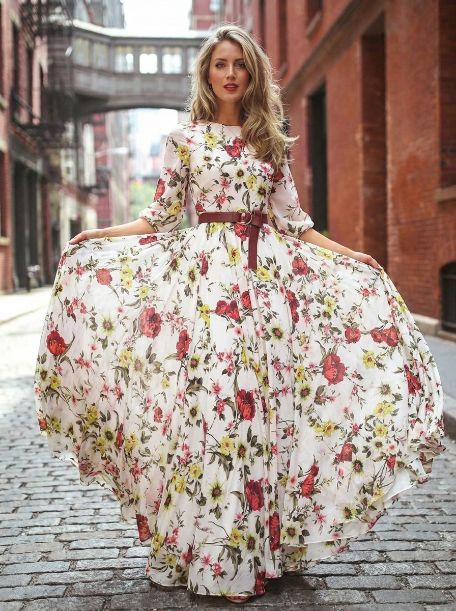 Odelia | Women's Round Neck Three Quarter Sleeve Belted Maxi Dress