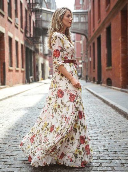 Odelia | Women's Round Neck Three Quarter Sleeve Belted Maxi Dress