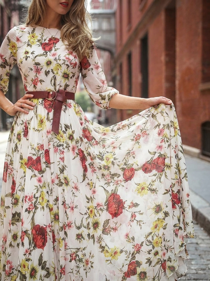 Odelia | Women's Round Neck Three Quarter Sleeve Belted Maxi Dress