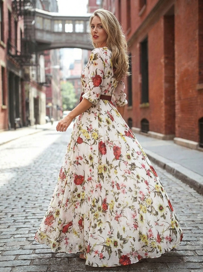 Odelia | Women's Round Neck Three Quarter Sleeve Belted Maxi Dress
