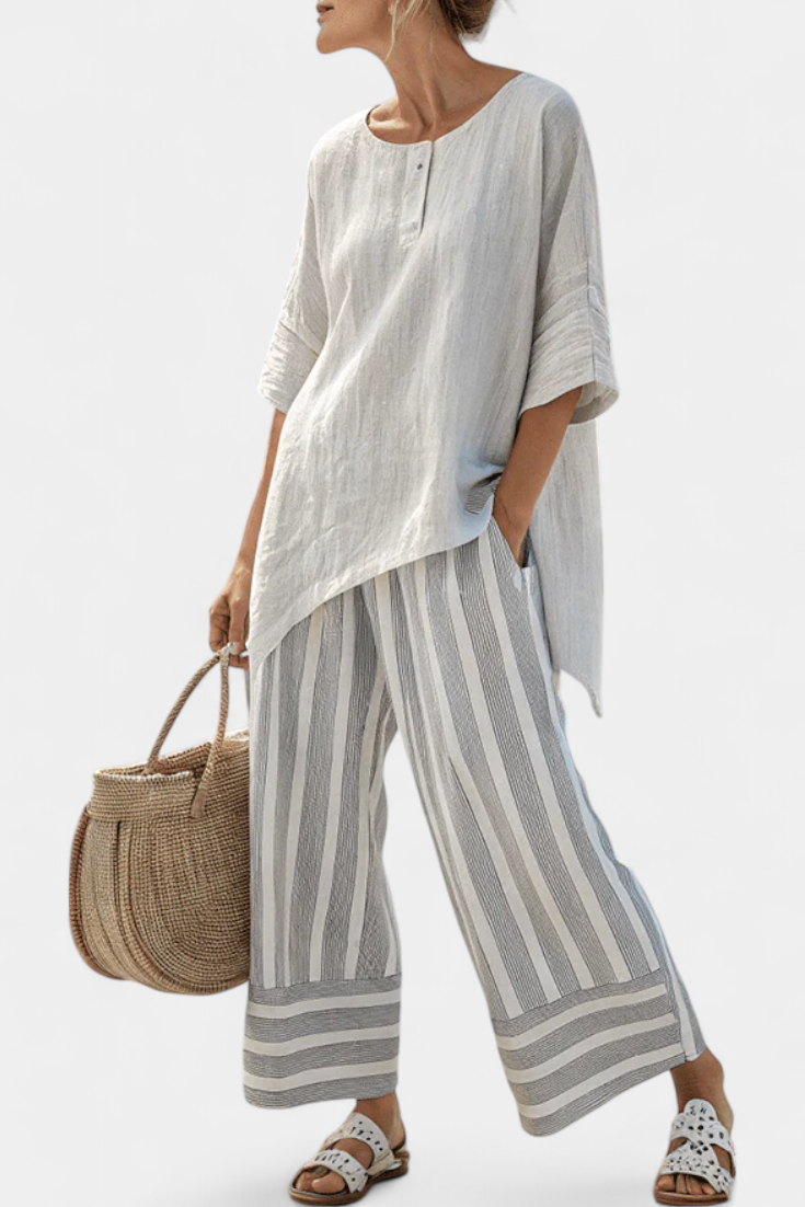 Fiorella | Women's Longline Relaxed elegant asymmetric blouse and striped trousers
