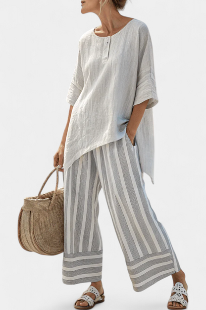 Fiorella | Women's Longline Relaxed elegant asymmetric blouse and striped trousers