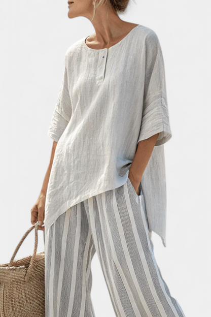 Fiorella | Women's Longline Relaxed elegant asymmetric blouse and striped trousers