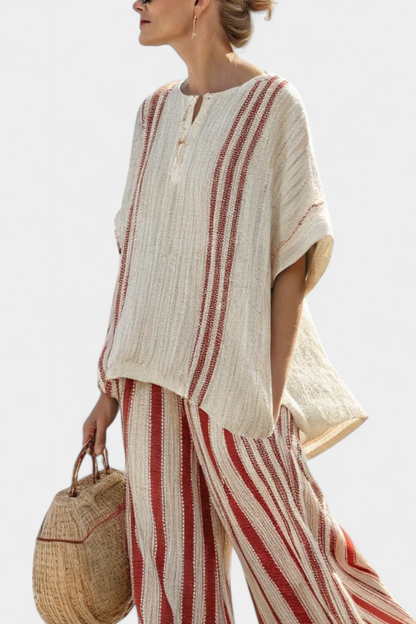 Mirella | Women's Longline structured red striped top and trousers