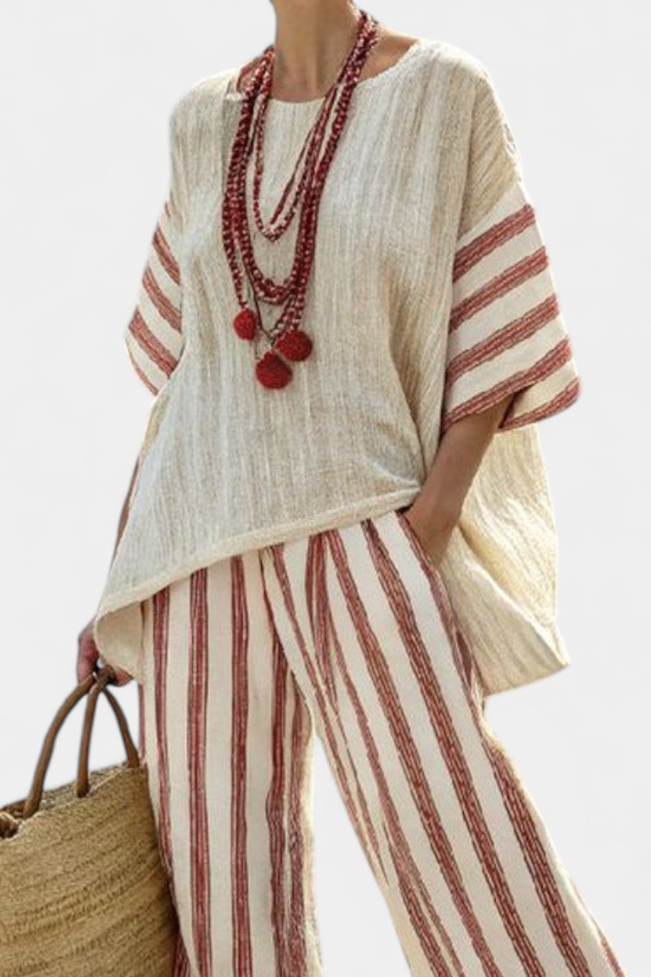 Rosalinda | Women's elegant rustic striped top and cream trousers