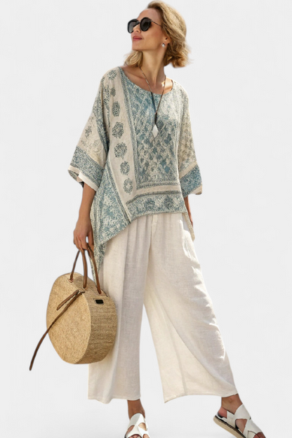 Annalisa | Women's Longline Comfortable Printed Blouse and White Wide-Leg Trousers