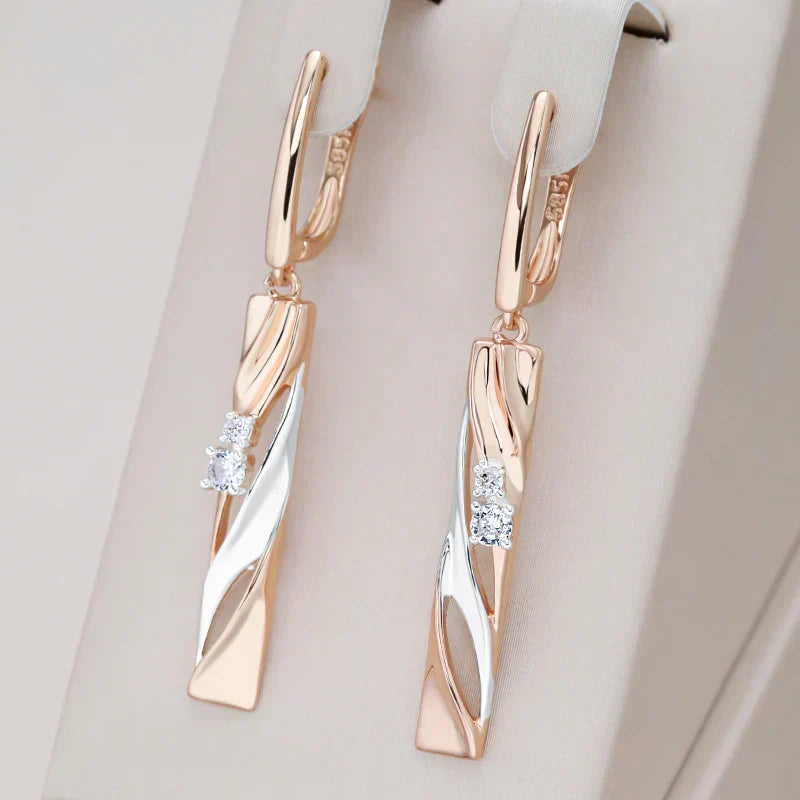 Gold Rectangular Earrings Adorned with Crystals