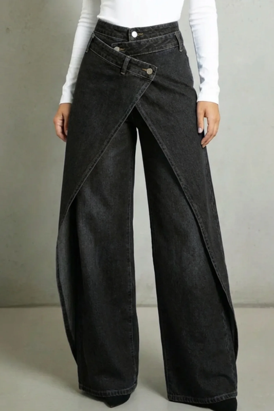 Women's Vintage-Inspired High-Waisted Denim Jeans with Ruffled Hem and Tie-Waist