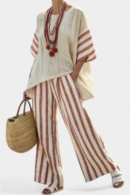 Rosalinda | Women's elegant rustic striped top and cream trousers