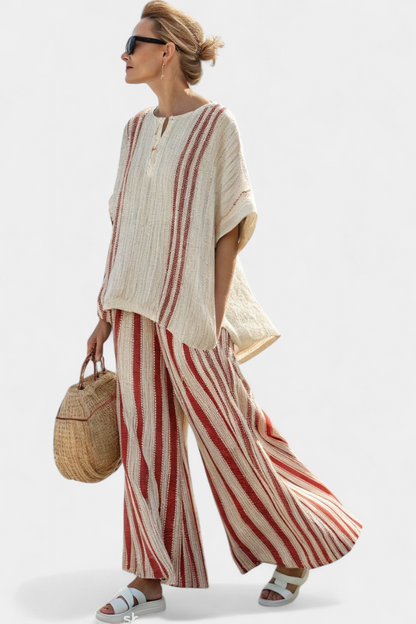 Mirella | Women's Longline structured red striped top and trousers