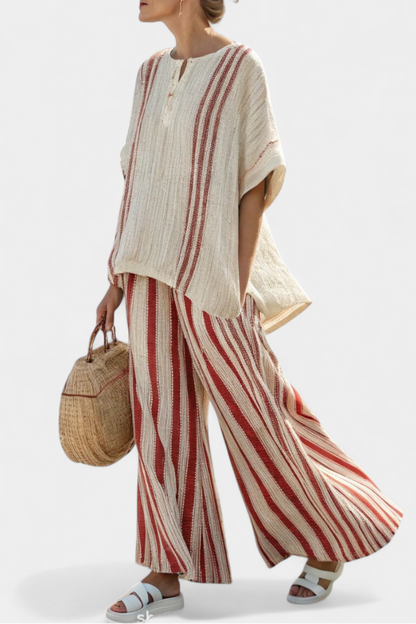 Mirella | Women's Longline structured red striped top and trousers