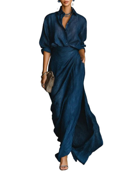 Sky | Women's Navy Two-Piece Set with V-Neck and Long Sleeve