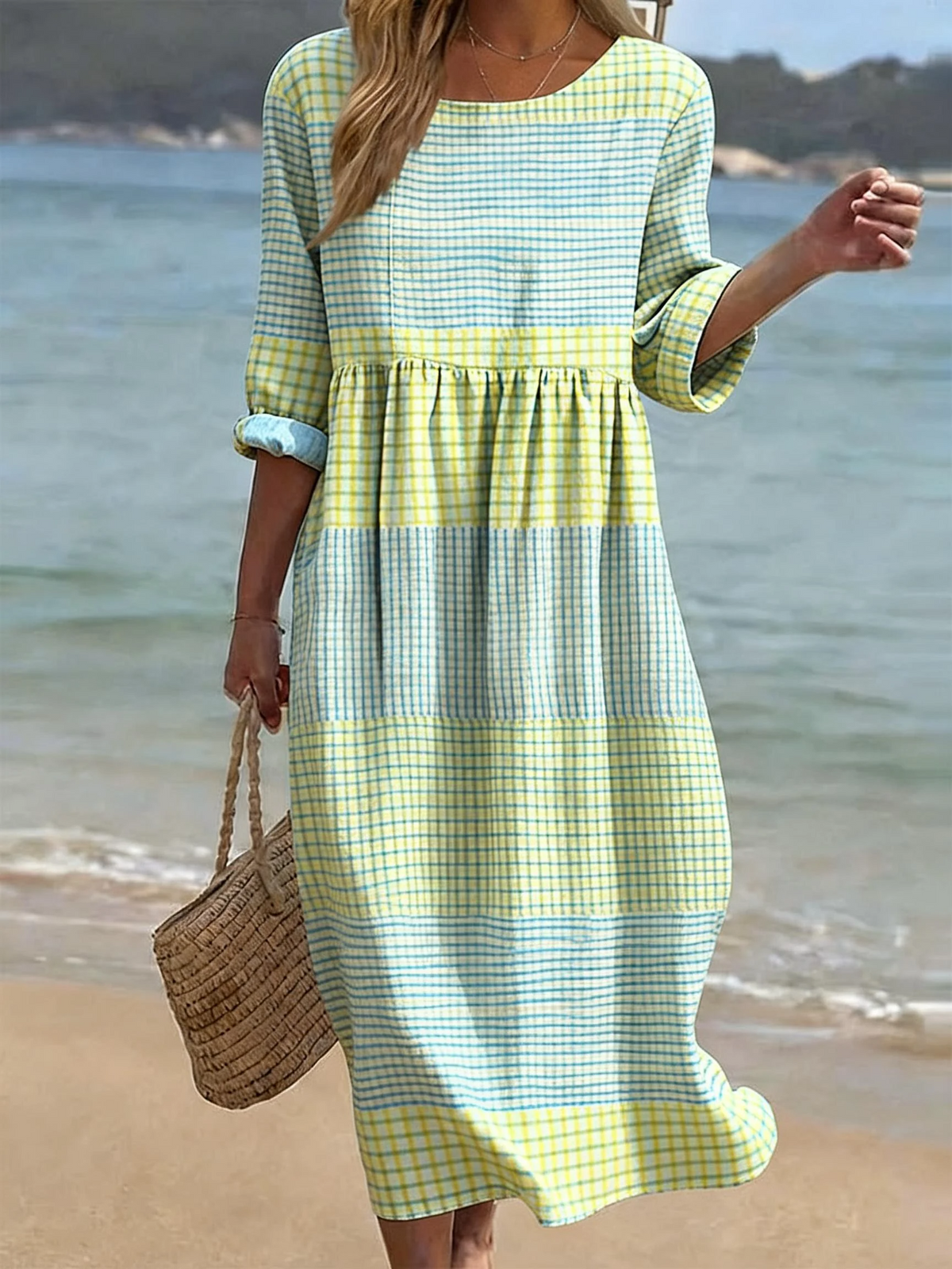 Women's Casual Midi Dress with Round Neck and Mid Sleeves