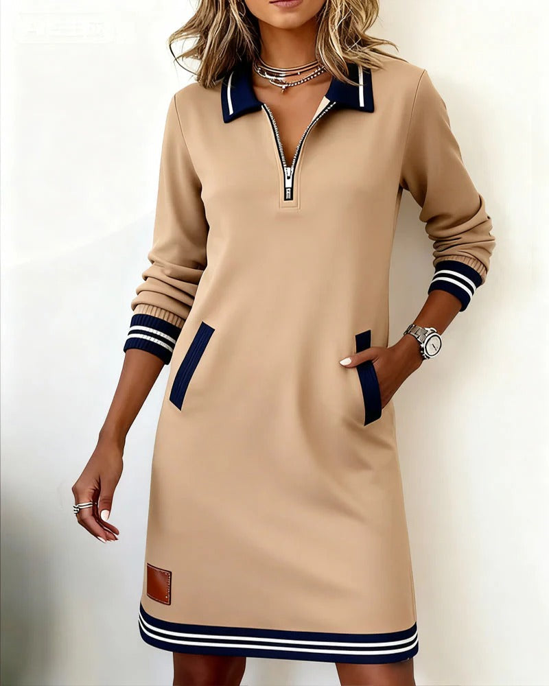 Women's Chic Long Sleeve Midi Dress with Pockets