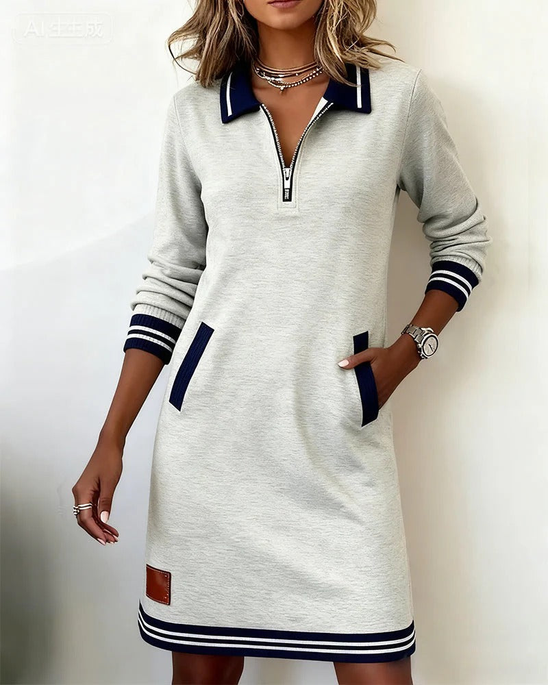 Women's Chic Long Sleeve Midi Dress with Pockets