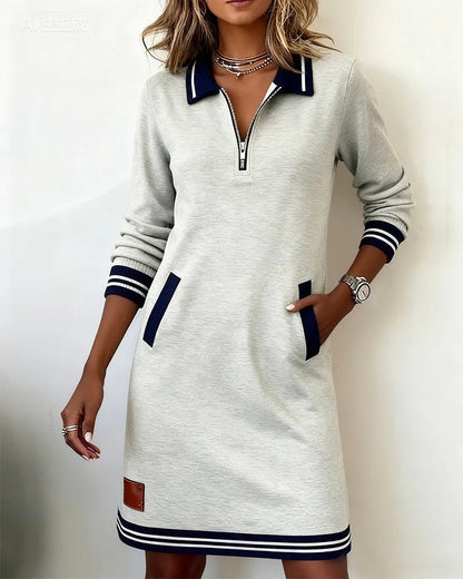 Women's Chic Long Sleeve Midi Dress with Pockets