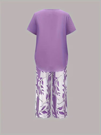 Arvessa | Women's Relaxed Leaf Print Two-Piece Ensemble