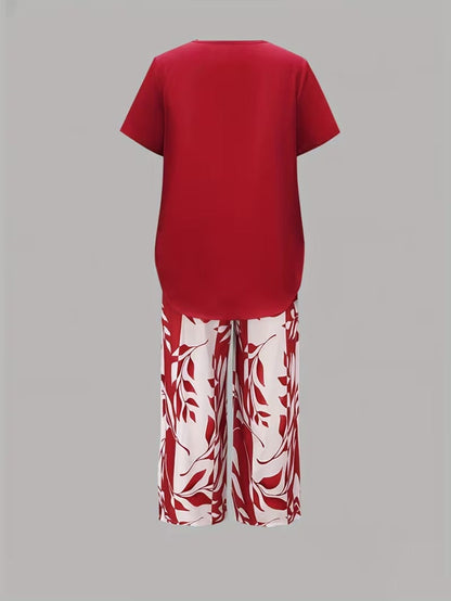Arvessa | Women's Relaxed Leaf Print Two-Piece Ensemble