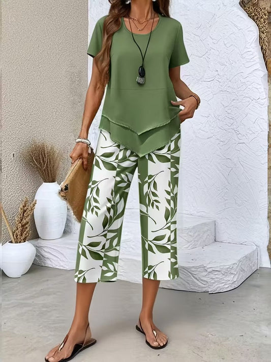 Arvessa | Women's Relaxed Leaf Print Two-Piece Ensemble