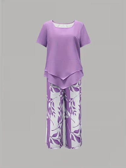 Arvessa | Women's Relaxed Leaf Print Two-Piece Ensemble